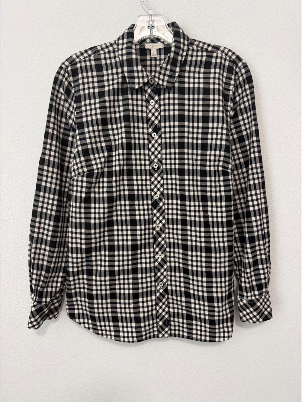 Talbots Long Sleeve Button Up Silver Strip Plaid Cotton Shirt Women's Size S